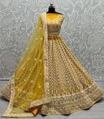 Yellow Bridal Net Sequence and patterned thread embroidery Designer Semi Stitched Lehenga choli