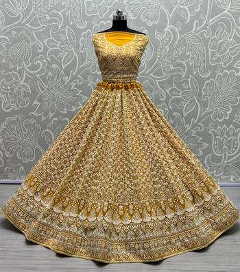 Yellow Bridal Net Sequence and patterned thread embroidery Designer Semi Stitched Lehenga choli 2