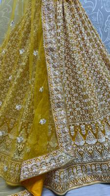 Yellow Bridal Net Sequence and patterned thread embroidery Designer Semi Stitched Lehenga choli 3