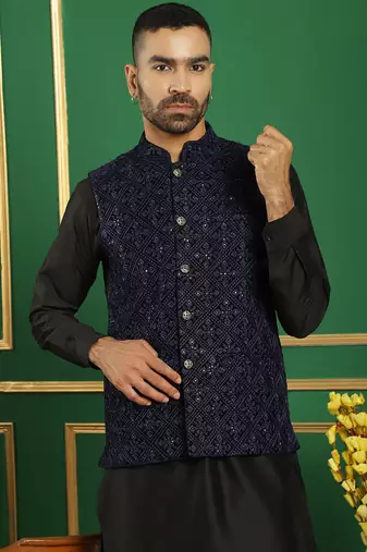 Men blue solid dupion kurta jacket set