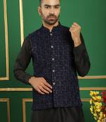 Men blue solid dupion kurta jacket set