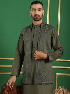 Men grey embroidered silk blend kurta jacket set 1