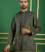 Men grey embroidered silk blend kurta jacket set