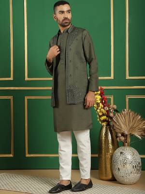Men grey embroidered silk blend kurta jacket set 2