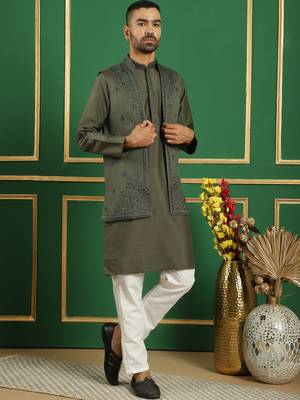 Men grey embroidered silk blend kurta jacket set 5