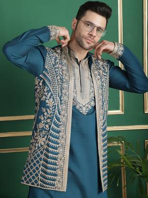 Men blue embroidered silk blend kurta jacket set 1