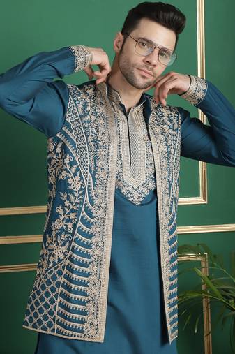 Men blue embroidered silk blend kurta jacket set