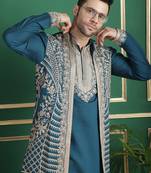 Men blue embroidered silk blend kurta jacket set