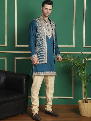 Men blue embroidered silk blend kurta jacket set 2