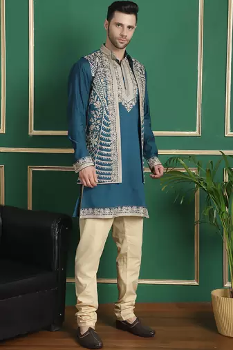 Men blue embroidered silk blend kurta jacket set