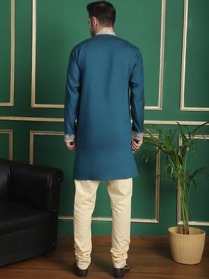 Men blue embroidered silk blend kurta jacket set 4