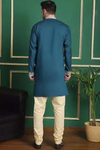 Men blue embroidered silk blend kurta jacket set