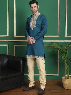 Men blue embroidered silk blend kurta jacket set 5