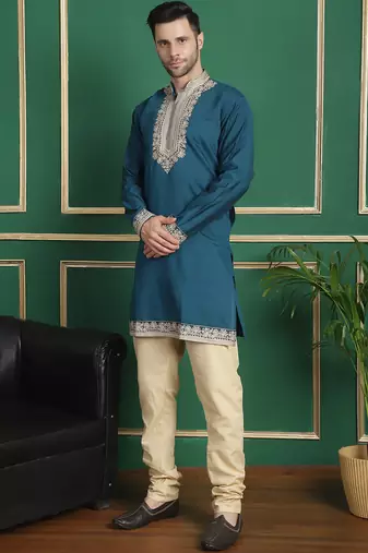 Men blue embroidered silk blend kurta jacket set