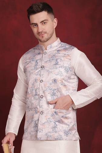 Men silver printed silk blend kurta jacket set