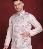Men silver printed silk blend kurta jacket set