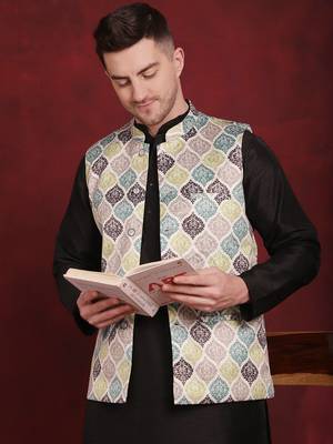 Men green printed silk blend kurta jacket set 1