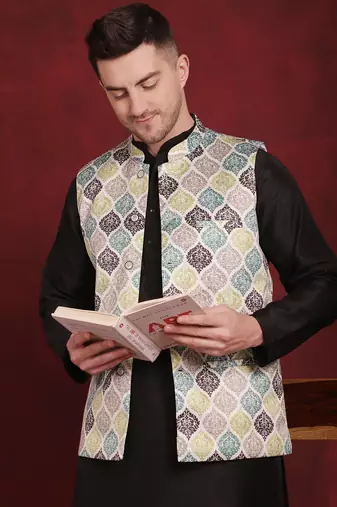Men green printed silk blend kurta jacket set