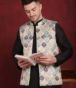 Men green printed silk blend kurta jacket set