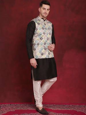 Men green printed silk blend kurta jacket set 2