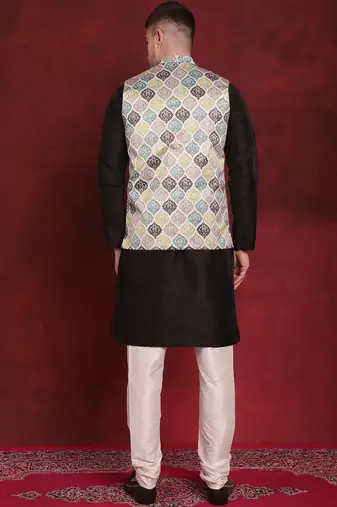 Men green printed silk blend kurta jacket set