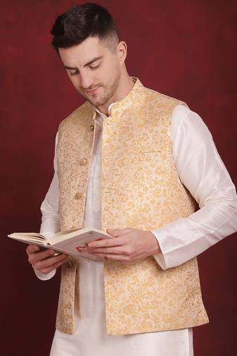 Men gold woven silk blend kurta jacket set