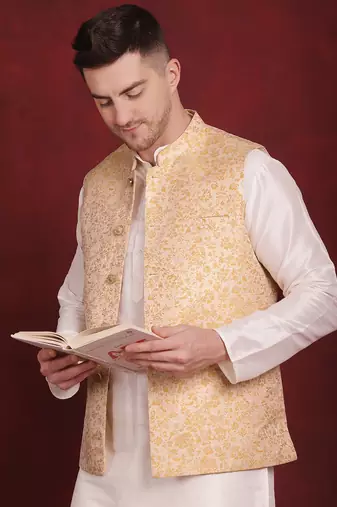 Men gold woven silk blend kurta jacket set