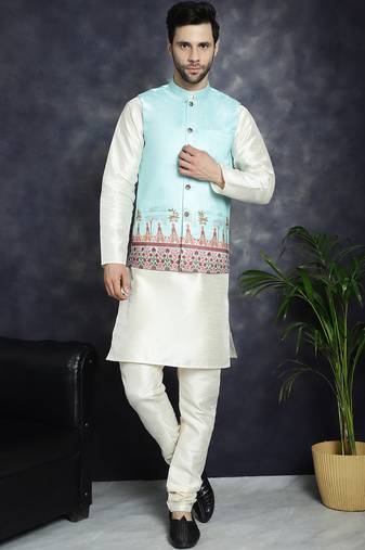 Men blue printed silk blend kurta jacket set