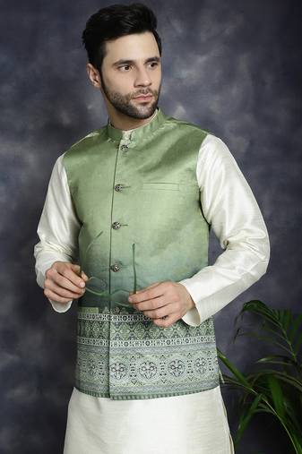 Men green printed silk blend kurta jacket set