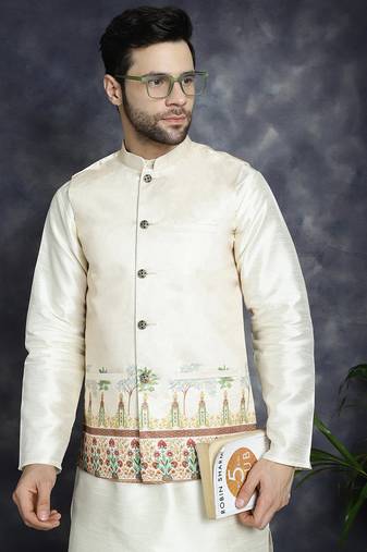 Men gold printed silk blend kurta jacket set