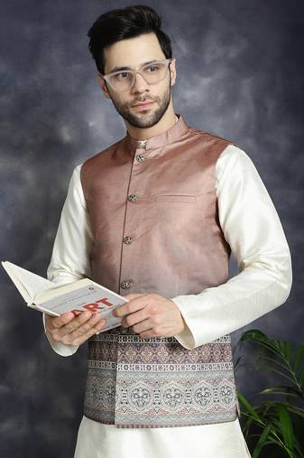 Men brown printed silk blend kurta jacket set