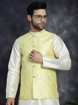 Men yellow embroidered silk blend kurta jacket set 1
