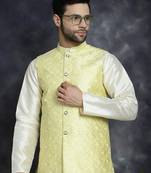 Men yellow embroidered silk blend kurta jacket set