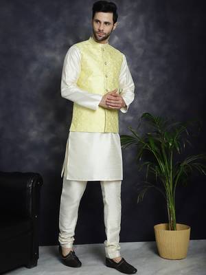 Men yellow embroidered silk blend kurta jacket set 2