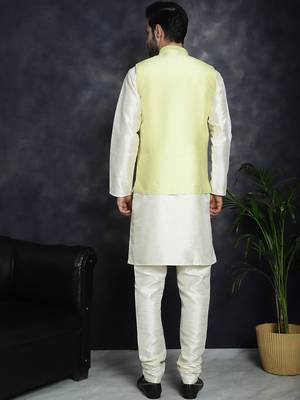 Men yellow embroidered silk blend kurta jacket set 4