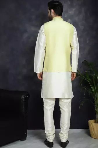 Men yellow embroidered silk blend kurta jacket set