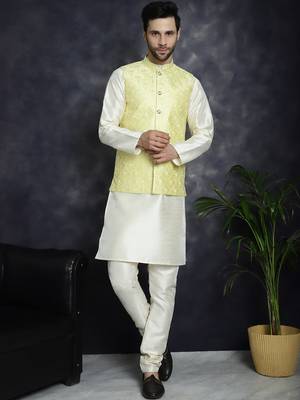 Men yellow embroidered silk blend kurta jacket set 5