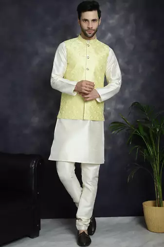 Men yellow embroidered silk blend kurta jacket set