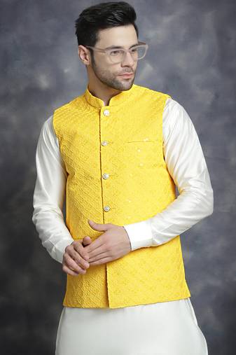 Men yellow embroidered viscose rayon kurta jacket set