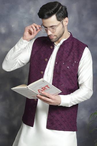 Men purple embroidered viscose rayon kurta jacket set