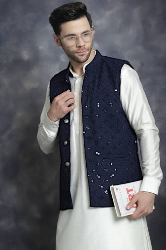 Men blue embroidered viscose rayon kurta jacket set