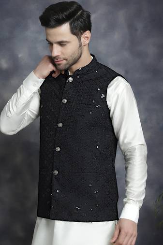Men black embroidered viscose rayon kurta jacket set