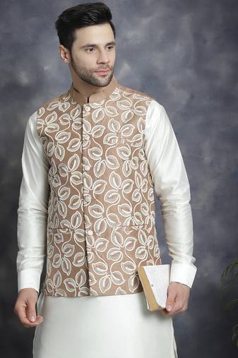 Men brown embroidered silk blend kurta jacket set