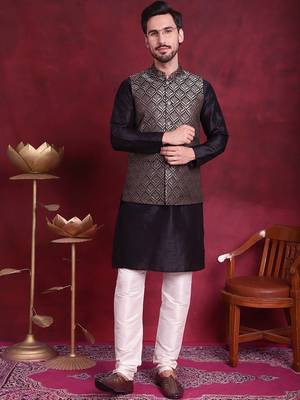 Men gold woven silk blend kurta jacket set 1