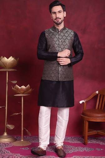 Men gold woven silk blend kurta jacket set