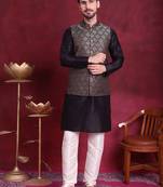 Men gold woven silk blend kurta jacket set