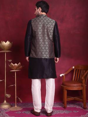 Men gold woven silk blend kurta jacket set 2
