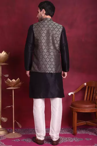 Men gold woven silk blend kurta jacket set