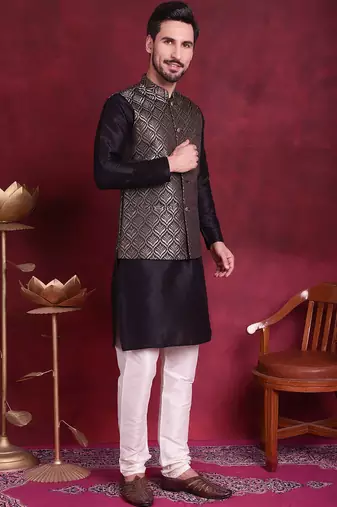 Men gold woven silk blend kurta jacket set