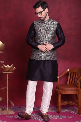 Men silver woven silk blend kurta jacket set